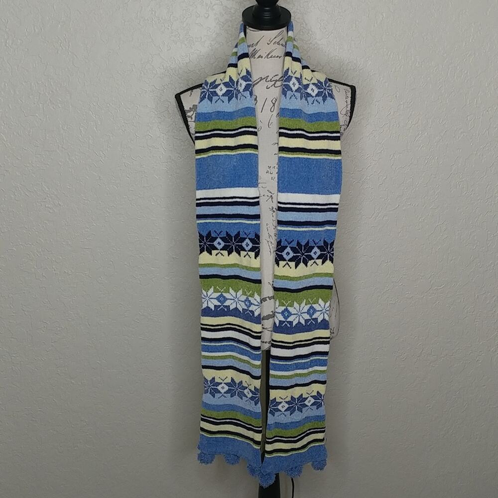 Multicolored Snowflake and Striped Scarf With Pom Poms Detail